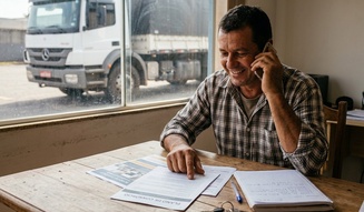 Caminhoneiro sorridente fala ao telefone enquanto analisa um Plano de Consórcio sobre a mesa, com um caminhão Mercedes visível pela janela ao fundo.