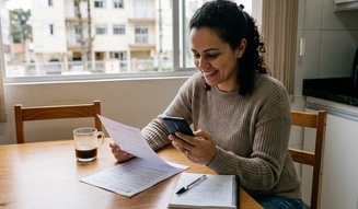 Mulher sorridente confere um documento enquanto usa o smartphone à mesa da cozinha, com café e caderno ao lado, num apartamento com vista urbana ao fundo.