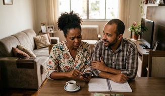 Casal consulta o smartphone com expressão preocupada na sala de casa, com documentos, caderno de anotações e dinheiro sobre a mesa, transmitindo tensão diante de uma situação financeira delicada.