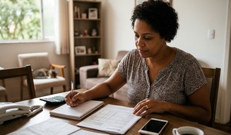 Mulher madura faz anotações e organiza contas à mesa da sala com calculadora e smartphone ao lado, num lar brasileiro aconchegante com estante ao fundo.