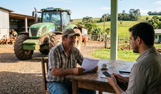 Agricultor analisa um documento com um consultor numa mesa rústica ao ar livre, com trator verde e paisagem rural ao fundo, sugerindo a negociação de um consórcio de máquinas agrícolas.