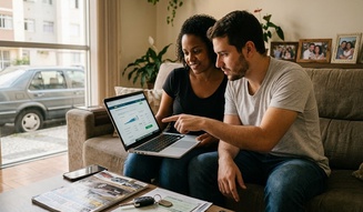 Casal jovem está sentado no sofá, observando atentamente gráficos financeiros na tela de um notebook.