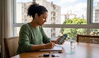 Mulher sorridente consulta o smartphone e faz anotações à mesa, com chaves de carro e cartão sobre a mesa, num apartamento com vista urbana de São Paulo ao fundo.