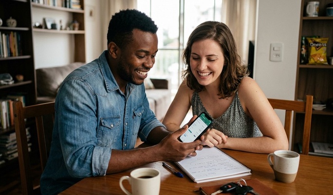 Casal sorridente consulta um aplicativo no smartphone juntos à mesa de casa, com caderno, chaves e cafés ao lado, num ambiente descontraído de planejamento financeiro.