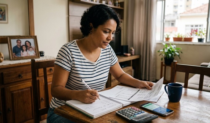 Mulher concentrada analisa documentos e faz anotações à mesa da sala, com calculadora e smartphone ao lado, num lar brasileiro com foto de família ao fundo.