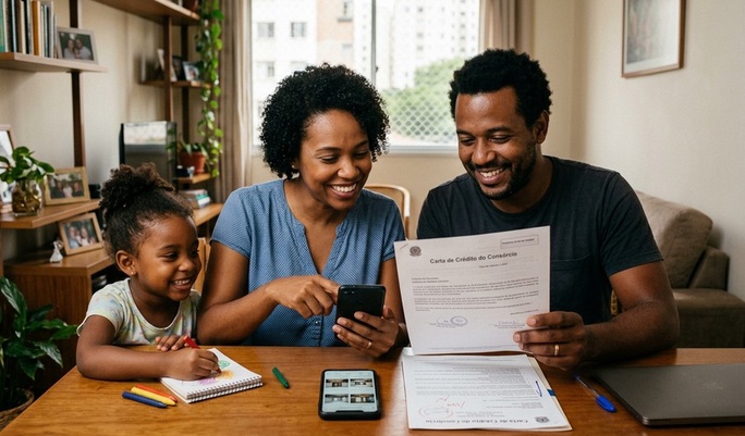Família feliz comemora a conquista da Carta de Crédito do Consórcio em casa, com os pais sorrindo ao analisar o documento enquanto a filha pequena desenha ao lado.