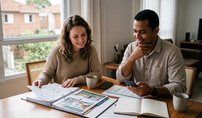 Casal sorridente folheia um catálogo de imóveis à mesa de casa, com smartphone e caderno de anotações ao lado, planejando a compra da casa própria com leveza e entusiasmo.