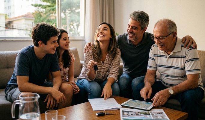 Família reunida e alegre no sofá celebra a conquista de um imóvel, com chaves, documentos e planta da casa sobre a mesa de centro.