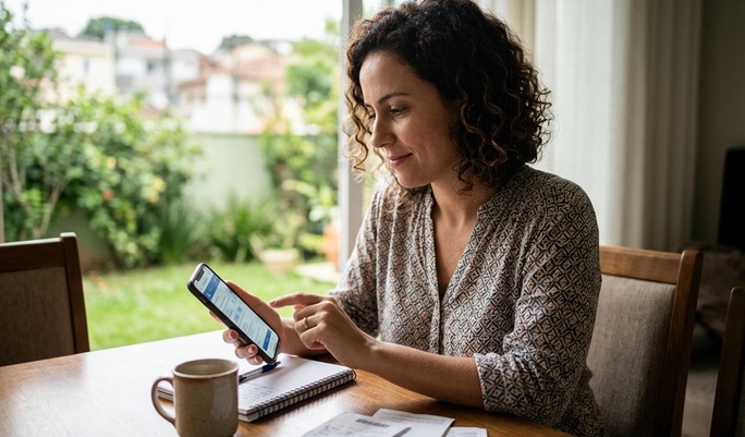 Mulher sorridente navega no smartphone à mesa de casa, com jardim verde ao fundo e café ao lado, transmitindo tranquilidade ao gerenciar suas finanças digitalmente.