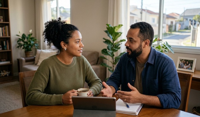 Casal consulta o smartphone juntos à mesa com cadernos e café Melitta e Nescafé ao lado, planejando as finanças num apartamento com vista urbana ao fundo.