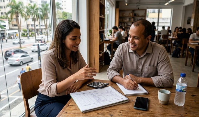 Homem e mulher sentados à mesa de um café conversando enquanto analisam planilhas financeiras e usam uma calculadora.