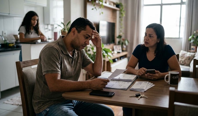Casal enfrenta um momento de tensão financeira à mesa de casa, com o homem visivelmente preocupado diante de contas e documentos, enquanto a mulher busca uma solução pelo smartphone.
