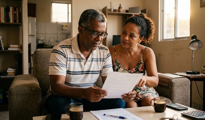 Casal mais maduro analisa um documento juntos no sofá de casa, com cafés e calculadora sobre a mesa, numa conversa séria e cuidadosa sobre finanças.
