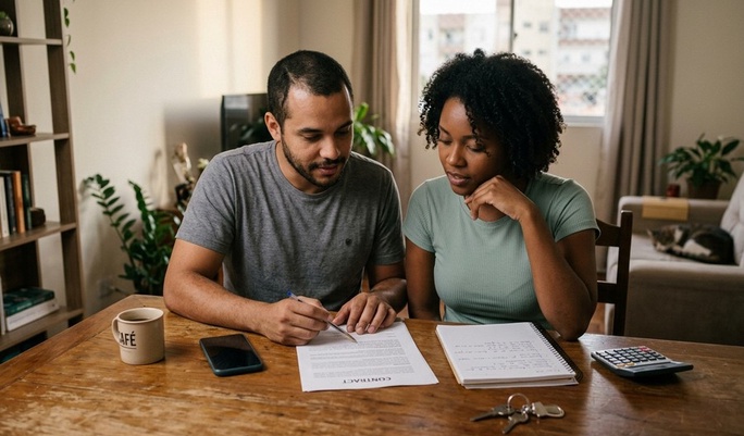 Casal analisa com atenção um contrato à mesa de casa, com calculadora, chaves e caderno ao lado, numa expressão de cautela antes de tomar uma decisão importante.