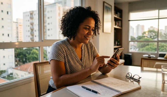 Mulher sorridente consulta o smartphone à mesa de casa com caderno de anotações à frente, num apartamento com ampla vista urbana de São Paulo ao fundo.