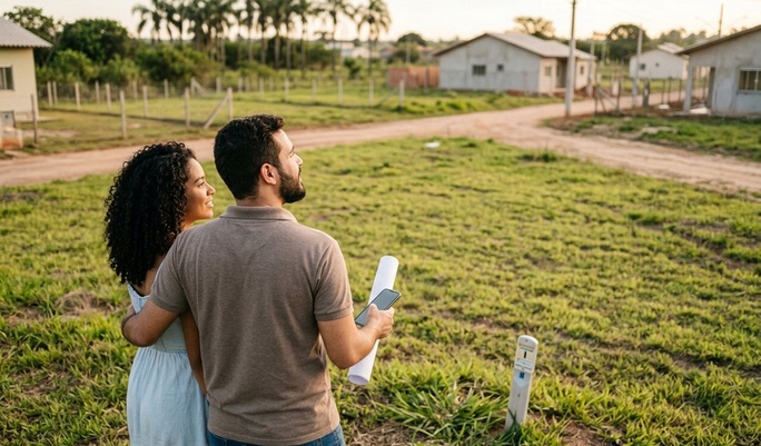 Casal abraçado observa um terreno em loteamento, com planta e smartphone em mãos, sonhando e planejando a construção da casa própria num bairro em desenvolvimento.