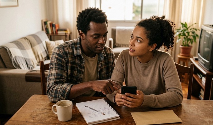 Casal conversa seriamente à mesa de casa consultando o smartphone, com caderno de anotações e café ao lado, discutindo uma decisão financeira importante.