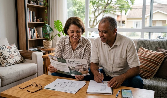 Casal maduro e sorridente analisa um folder de Consórcio de Imóveis na sala de casa, com planta baixa e anotações sobre a mesa, planejando o futuro com tranquilidade.