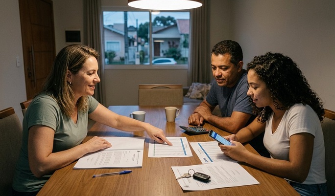Família reunida à mesa à noite analisa documentos e consulta o smartphone, com chaves de carro e calculadora sobre a mesa, planejando juntos uma decisão financeira importante.