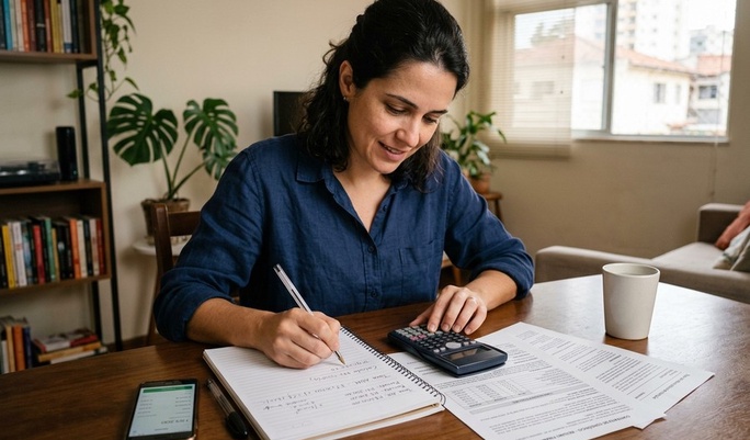Mulher concentrada faz anotações e cálculos com documentos e calculadora sobre a mesa em casa, num ambiente tranquilo e organizado de planejamento financeiro.