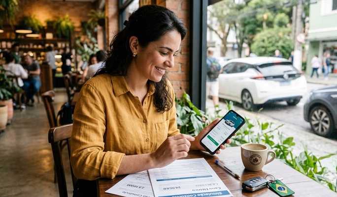 Mulher sorridente simula um consórcio de carro elétrico pelo smartphone numa cafeteria charmosa, com chaves de carro e documentos sobre a mesa e o veículo visível pela janela ao fundo.