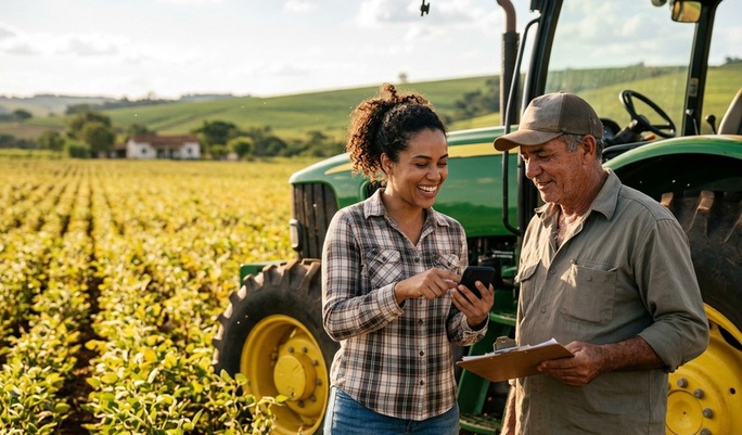 Jovem consultora e agricultor sorridente consultam o smartphone em meio a uma lavoura verde, com trator John Deere ao fundo, ilustrando tecnologia e modernização no campo brasileiro.
