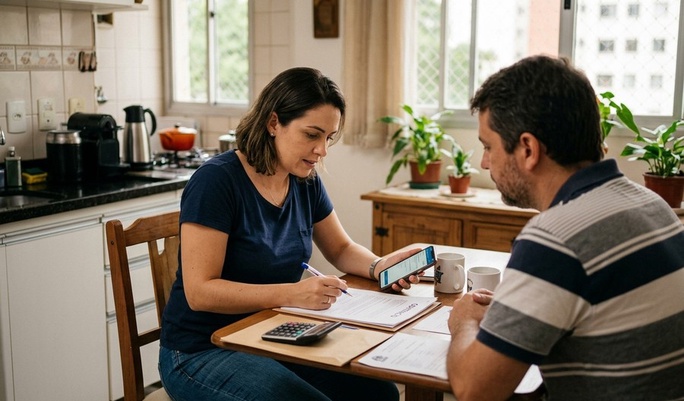Casal analisa documentos com expressão séria na cozinha de casa, com calculadora e smartphone sobre a mesa, sugerindo uma decisão financeira delicada sendo discutida.