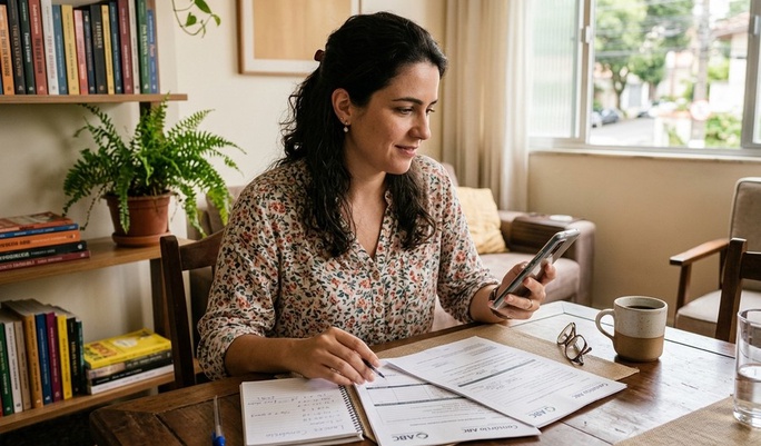 Mulher tranquila consulta o smartphone enquanto organiza documentos à mesa da sala, num apartamento aconchegante com estante de livros ao fundo e luz natural suave.