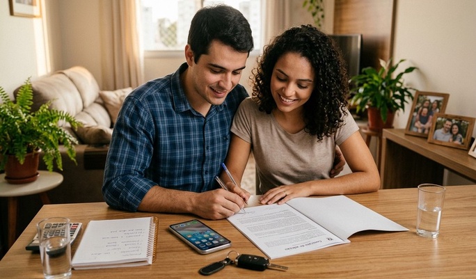 Casal jovem sorridente sentado à mesa de casa enquanto o homem assina um contrato, com chaves de carro, celular e caderno ao redor.