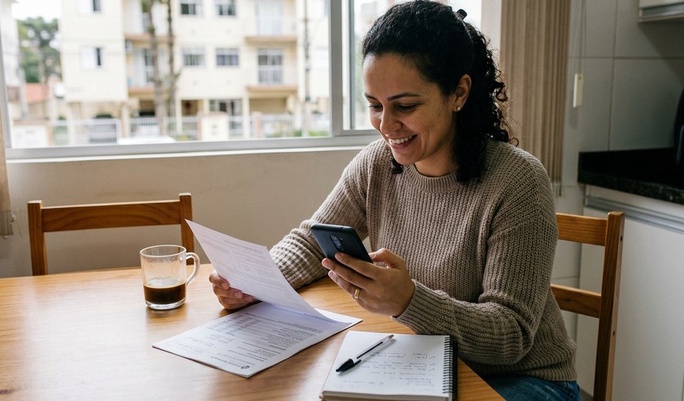 Mulher sorridente confere um documento enquanto usa o smartphone à mesa da cozinha, com café e caderno ao lado, num apartamento com vista urbana ao fundo.