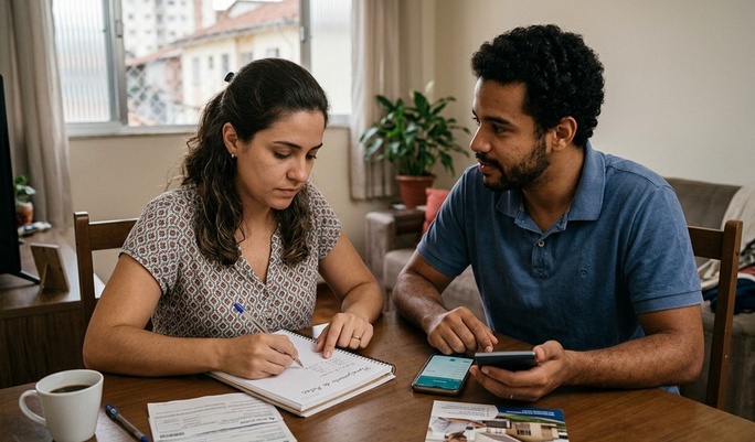 Casal discute opções financeiras à mesa de casa, com ela anotando no caderno e ele consultando o smartphone, numa conversa atenta sobre planejamento e escolhas de investimento.