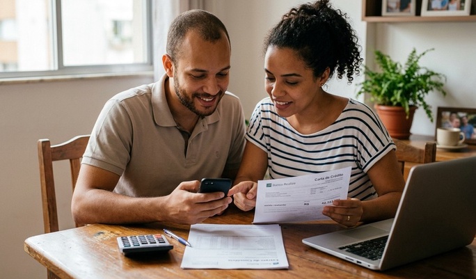 Casal sorridente confere a Carta de Crédito do consórcio junto ao smartphone e laptop, com calculadora sobre a mesa, celebrando a conquista num momento de alegria compartilhada.