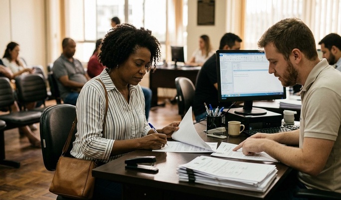 Mulher assina documentos numa repartição pública ou banco, sendo atendida por um funcionário, com outros clientes aguardando ao fundo numa cena tipicamente brasileira.
