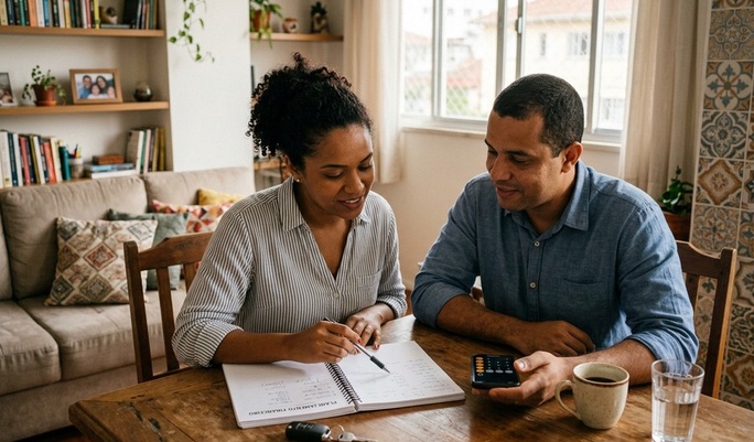Casal faz planejamento financeiro juntos à mesa da sala, com ela anotando no caderno e ele segurando a calculadora, num ambiente aconchegante e familiar brasileiro.