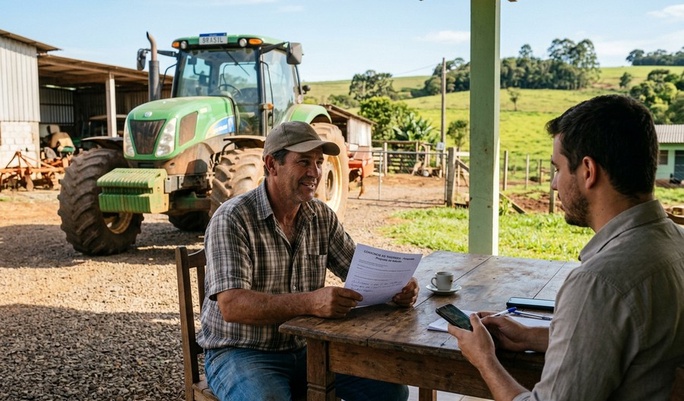 Agricultor analisa um documento com um consultor numa mesa rústica ao ar livre, com trator verde e paisagem rural ao fundo, sugerindo a negociação de um consórcio de máquinas agrícolas.