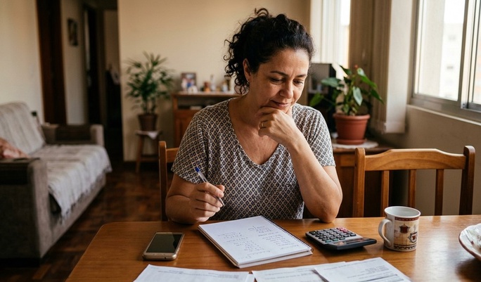 Mulher madura analisa contas e anotações com expressão pensativa à mesa da sala de casa, com calculadora e smartphone ao lado, refletindo sobre sua situação financeira.