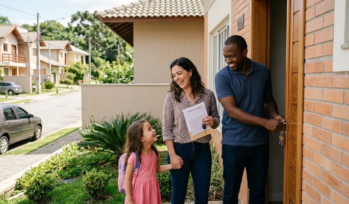 Família feliz abre a porta da casa própria pela primeira vez, com a mãe segurando o contrato de compra, enquanto a filha sorri animada no momento da conquista.