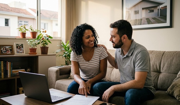 Casal sorridente conversa no sofá com laptop e documentos à frente, num apartamento aconchegante com quadro de casa na parede, sugerindo o planejamento da conquista do imóvel próprio.