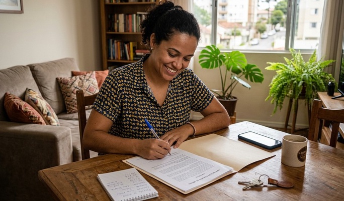 Mulher sorridente assina um contrato à mesa da sala de casa, com chaves e caderno ao lado, transmitindo satisfação e segurança no momento de formalizar uma conquista importante.